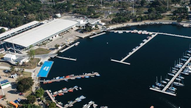 Aerial view of the Marina da Gloria with the blue sailing ramp on the left.