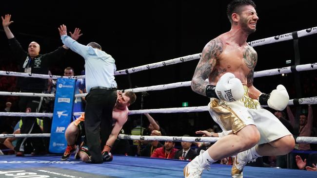 Michael Zerafa celebrates the win against Jeff Horn. Picture: Michael Dodge