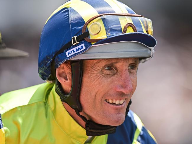 Damien Oliver returns to the mounting yard on Kalapour (IRE) after winning the Lexus Archer Stakes, at Flemington Racecourse on November 04, 2023 in Flemington, Australia. (Morgan Hancock/Racing Photos via Getty Images)