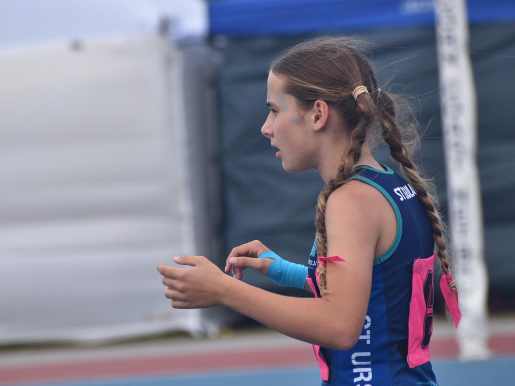 On court at the Cap Coast Junior Netball Carnival at the Barmaryee Multi Sports Precinct, Yeppoon, on August 11, 2024. Photo: Pam McKay
