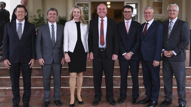 Nationals MPs, left to right, Luke Hartsuyker, David Gillespie, Bridget McKenzie, Barnaby Joyce, David Littleproud, Michael McCormack and Damian Drum.