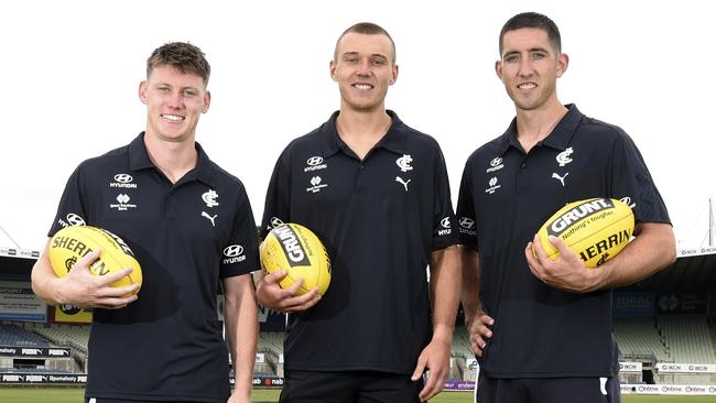 The Carlton leadership team of Sam Walsh, Patrick Cripps and Weitering.