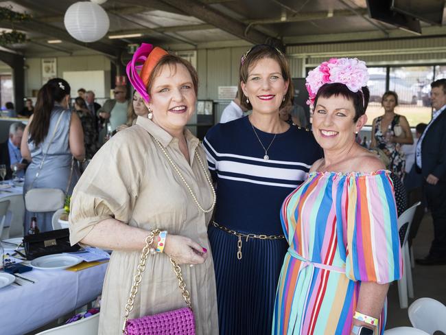 At Warwick Cup race day are (from left) Kellie Doherty, Kelly Reardon and Tamara Rickert at Allman Park Racecourse, Saturday, October 14, 2023. Picture: Kevin Farmer