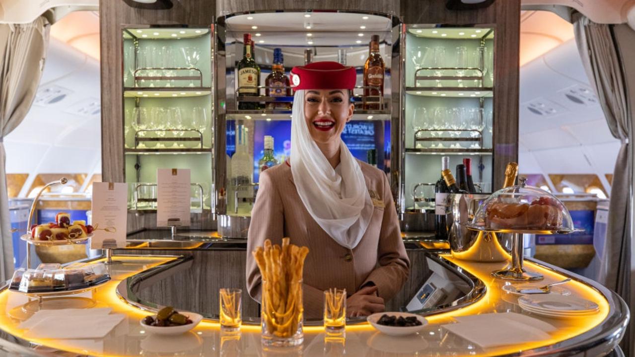 The bar in the business class lounge of an Airbus SE A380-800 aircraft operated by Emirates. Picture: Getty Images