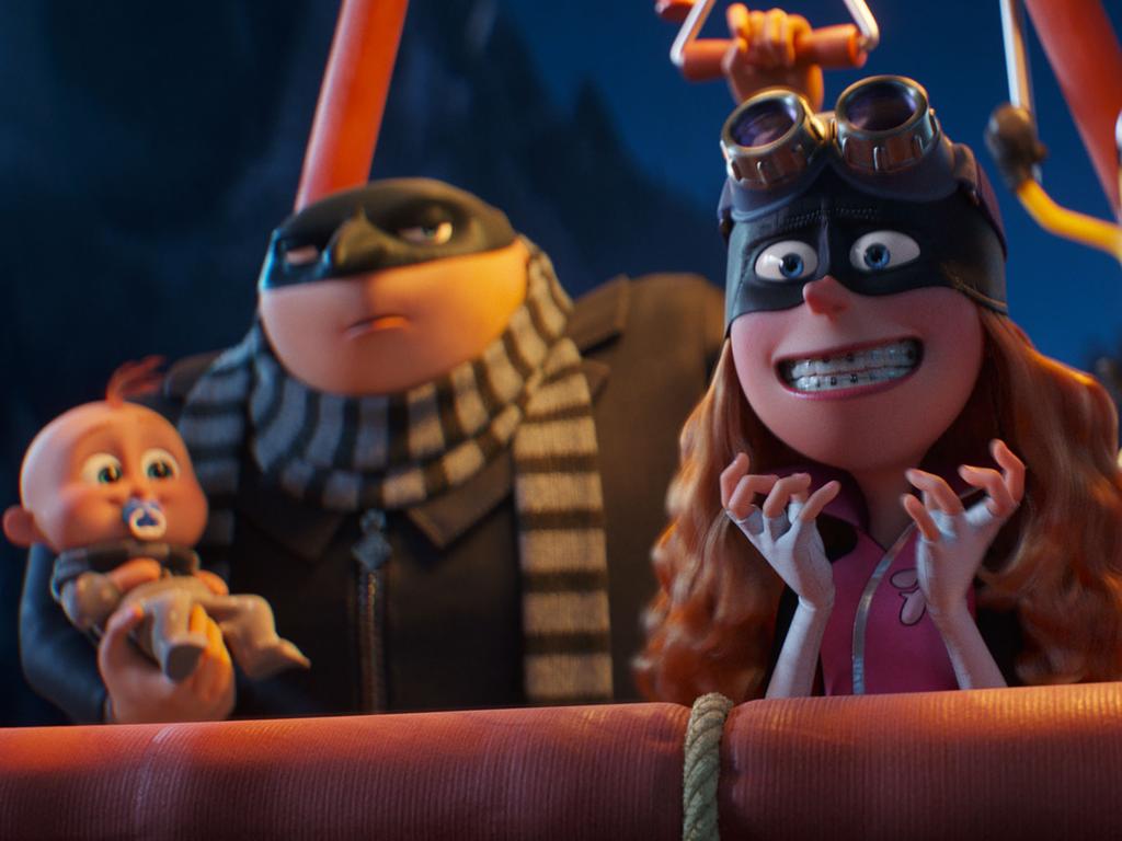 Gru and Gru Jr. with would-be villain Poppy Prescott (Joey King).