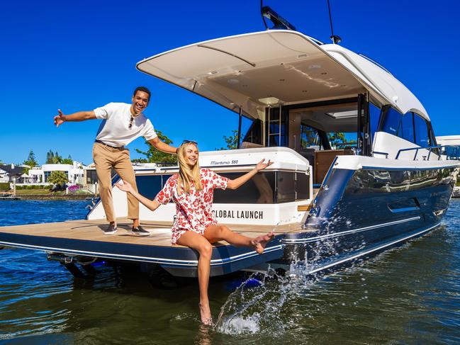 Sanctuary Cove International Boat Show.Paulo Borges and Annalise West on the Maritimo S60 sedan luxury motor yacht global launch.Picture: Nigel Hallett