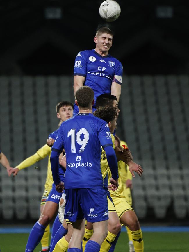 Harrison Sawyer jumps highest for South Melbourne.