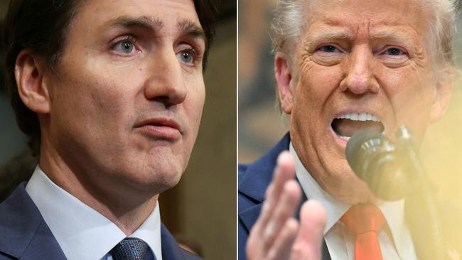 (COMBO) This combination of pictures created on March 05, 2025 shows Canada's Prime Minister Justin Trudeau on March 4, 2025 on Parliament Hill in Ottawa and US President Donald Trump in the Roosevelt Room of the White House in Washington, DC, on March 3, 2025. US President Donald Trump, after a call with Prime Minister Justin Trudeau, accused the Canadian leader on March 5, 2025, of playing up a Canada-US trade war to cling to power. Trump said in a social media post that Trudeau "was unable to tell me when the Canadian Election is taking place, which made me curious, like, what's going on here? I then realized he is trying to use this issue to stay in power." (Photo by Dave Chan and ROBERTO SCHMIDT / AFP)