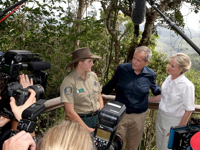 Skyrail Ranger Keely Glass talks with Mr and Mrs Shorten at Skyrail in Cairns. Picture: Anna Rogers