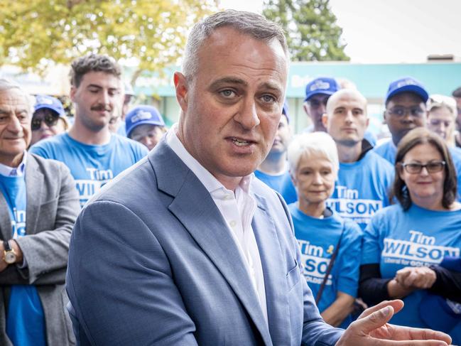 Tim Wilson celebrates after defeating Independent Zoe Daniel in the seat of Goldstein. Picture: Jake Nowakowski