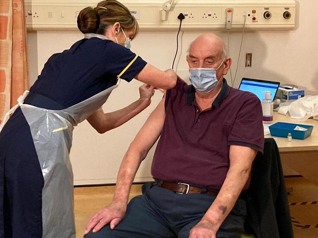 Brian Pinker,82, was the first person in the world to receive the new Oxford AstraZeneca vaccine at Oxford University Hospital in the United Kingdom.