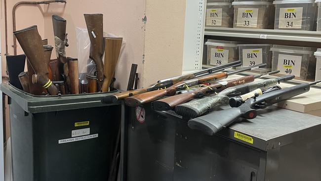 A large quantity of unlicensed firearms confiscated from residents in the Southern Tablelands at Goulburn Police Station, as part of an operation in January. Picture: Niki Iliagoueva