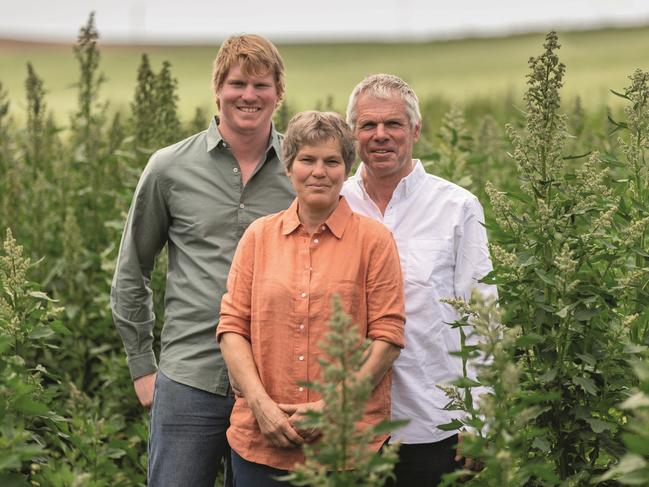 Peter Daman, left, with parents Henriette and Lauran Daman run Kindred Organics in northwest Tasmania. The company took out the Best New Product category in the delicious. Harvey Norman Produce Awards 2021.