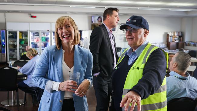 The NSW Transport Minister Jo Haylen and independent MP for Wakehurst, Michael Regan, speak with drivers including Allan Hodgson at the Keolis Downer bus depot at Brookvale on Friday, May 5, 2023. Picture: NSW Government