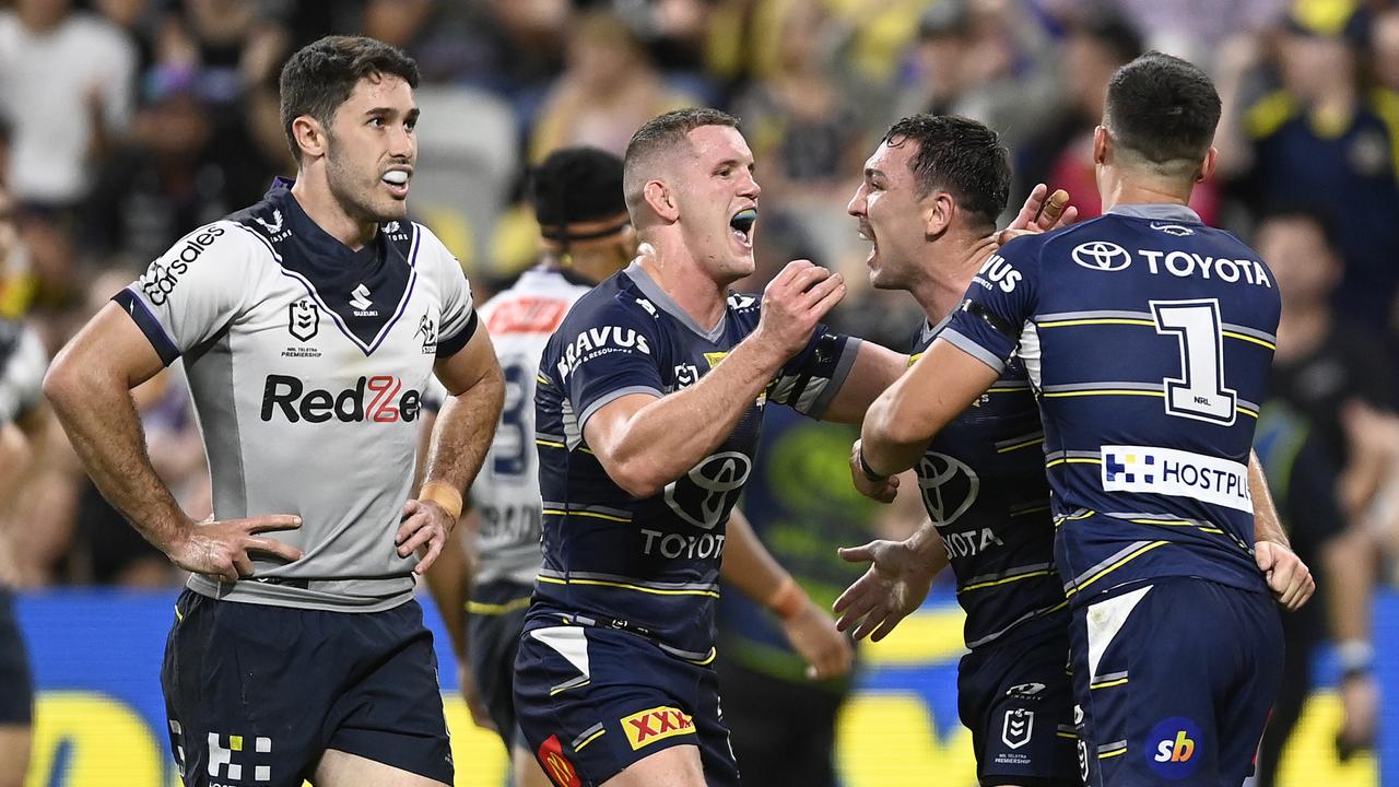 The Cowboys celebrate Reece Robson’s try. Picture: Ian Hitchcock/Getty Images