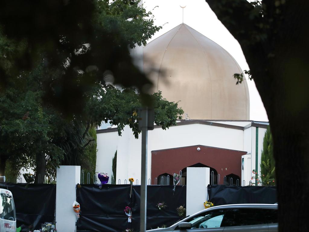 Flowers are left outside the Al Noor mosque after Friday’s massacre. Picture: Fiona Goodall/Getty Images