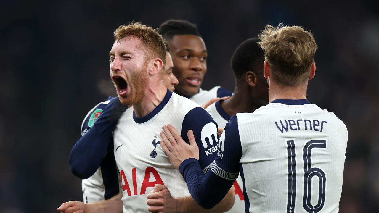 Dejan Kulusevski of Tottenham Hotspur celebrates after teammate Pape Matar Sarr scores their team's second goal. (Photo by Alex Pantling/Getty Images)