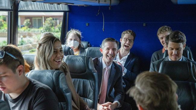 Simon Burmingham rides the media bus to an event in Adelaide. Picture: Jason Edwards