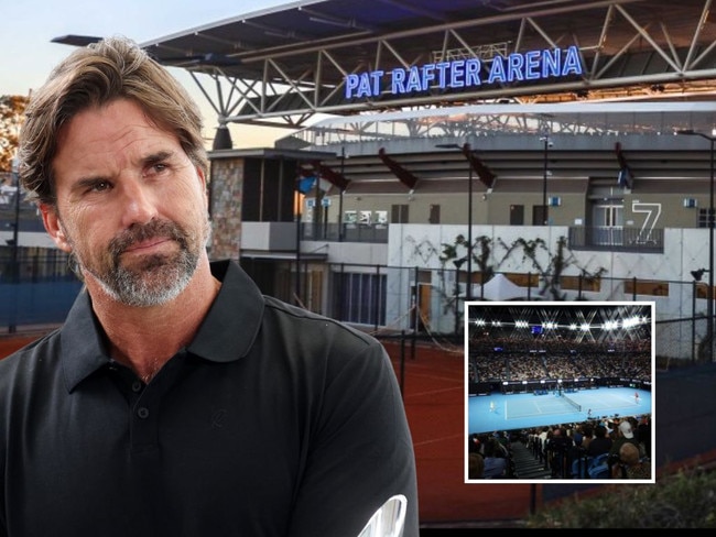 Pat Rafter, in front of the Brisbane tennis arena, as Melbourne threatens to pinch tennis from 2032 Olympics program.