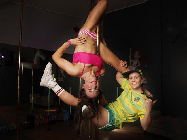 Bec Collins founder of Diamond Class Pole and Fitness Studio with Ellen Curry pole performer.  Diamond Class Pole and Fitness Studio are celebrating 10 years of their Shining Diamonds pole dance competition.  Picture: Nikki Davis-Jones