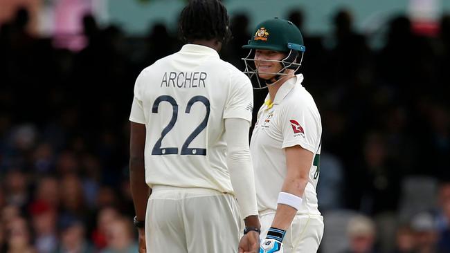 Steve Smith and Jofra Archer on day four of the second Test. Picture: AFP