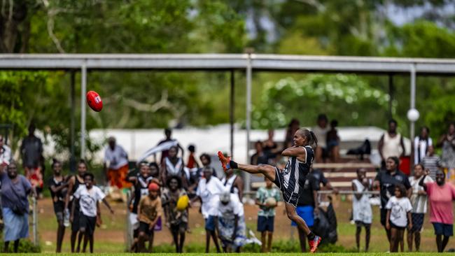 History was made as the Muluwurri Magpies beat the Tapalinga Superstars in the inaugural 2023 Tiwi Islands Football League women's grand final. Picture: Patch Clapp / AFLNT Media