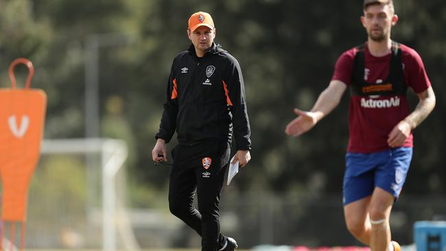 Brisbane coach Warren Moon looks on at Roar training at Blacktown in Sydney’s west on Wednesday Picture: Getty Images