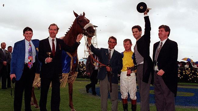 Melbourne Cup 1993 winners: Vintage Crop with Michael Kinane, Dermot Weld and Tony Smurfit. 