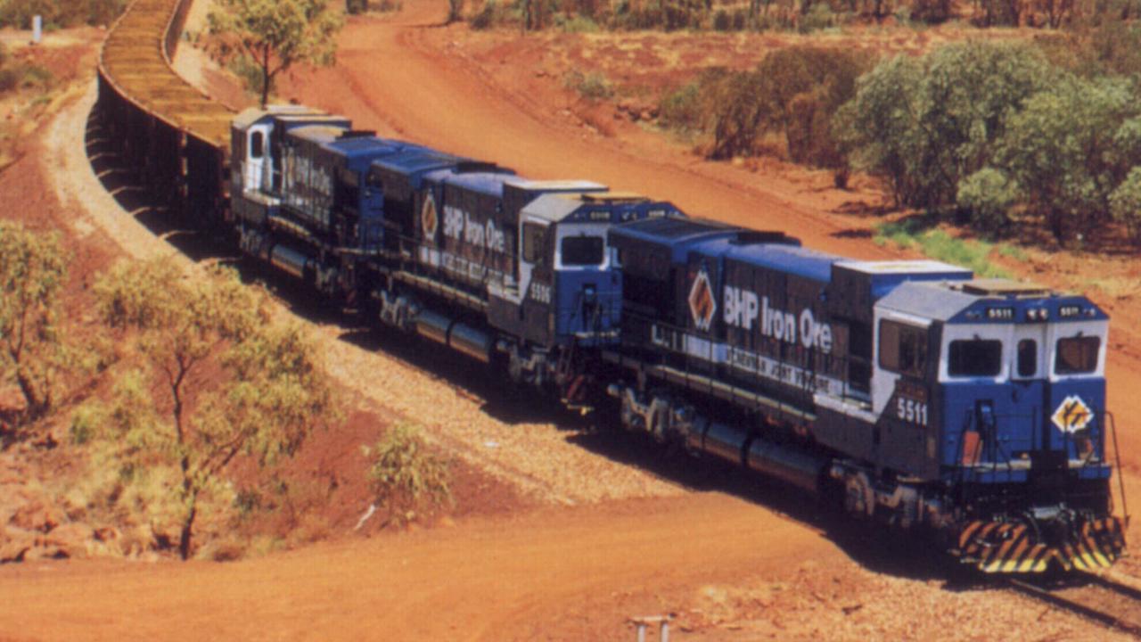 BHP railway train locomotive carrying iron ore to Port Hedland. /Railways