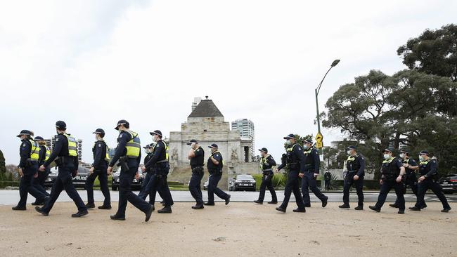 Police at the Shrine of Remembrance ahead of a planned “Melbourne Freedom Walk” protest, in Melbourne, Victoria. Picture: NCA NewsWire / Daniel Pockett