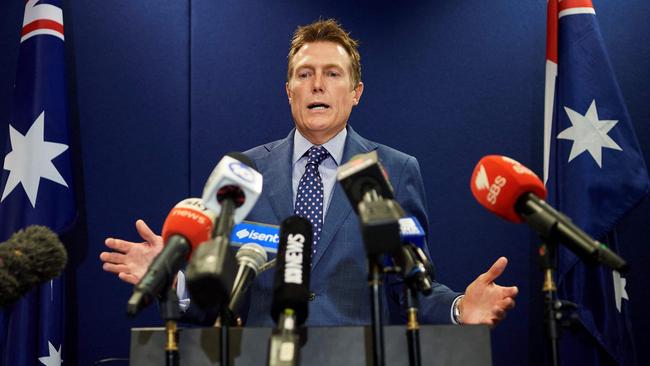 Australia’s Attorney-General Christian Porter faces the press in Perth on Wednesday. Picture: AFP