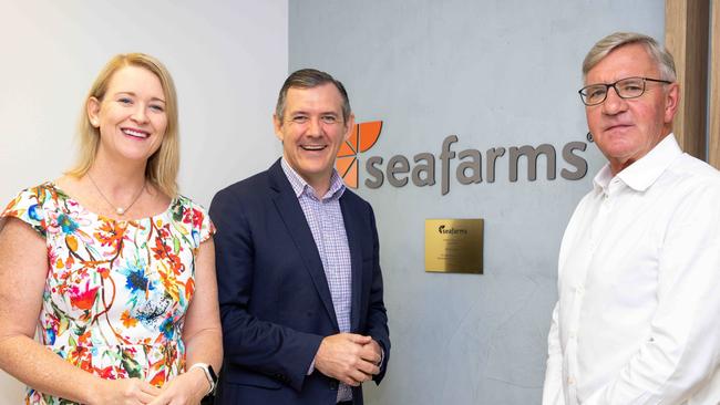 Northern Territory Minister for Agribusiness and Aquaculture Nicole Manison and Chief Minister Michael Gunner meet with Seafarms Chair Ian Trahar. Photo by Charlie Bliss.