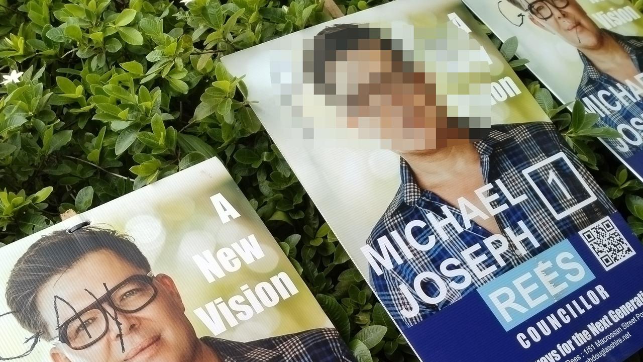 The corflutes of openly gay candidate for Douglas Shire Council, Michael Joseph Rees, were defaced with homophobic slurs. A 74-year-old man has been charged with wilful damage. Picture: Supplied