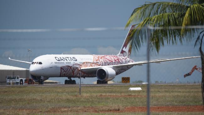 Repatriation flight Qantas QF110 touches down in Darwin from London on October 23. Picture: Lisa McTiernan