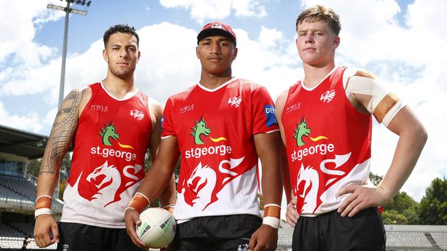 WEEKEND TELEGRAPH 1ST DECEMBER 2023Pictured at Netstrata Jubilee Stadium in Kogarah are young St George NRL players Jett Liu, Loko Pasifiki Tonga and Hamish Stewart, ahead of the 2024 NRL season.Picture: Richard Dobson