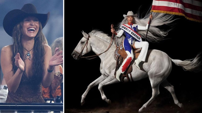 Supermodel Bella Hadid, left, embraces the western trend as Beyonce ventures into Captain Carter territory, right. Pictures: Getty