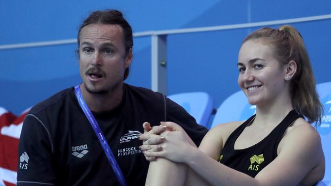 Australian swimmer Ariane Titmus talks with her coach Dean Boxall. Picture: AP