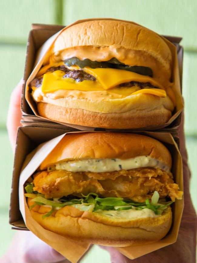 Fish burger (bottom) and double pattie cheeseburger.