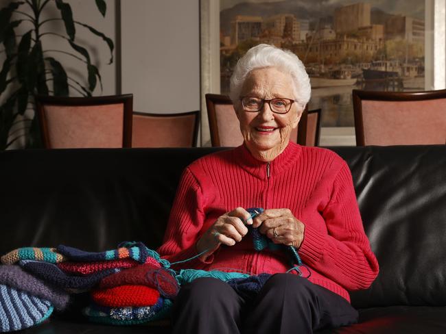 Beverley Goss 89 who continues to live independently at home has knitted hundreds of beanies for charity over the years choosing a different charity each winter to donate her knitted beanies to. This year she has chosen Tassie Mums.  Picture: Nikki Davis-Jones
