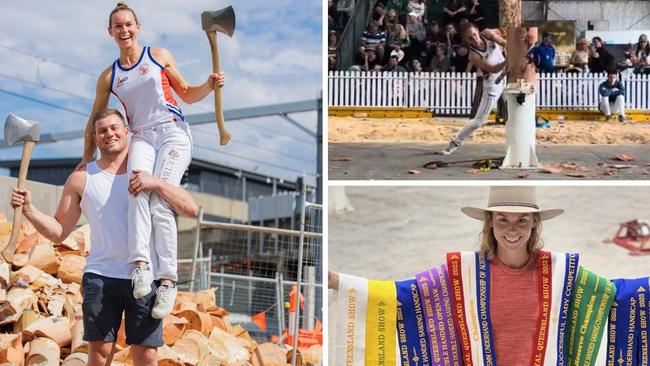 Martha King and Jack Jordan taking the Ekka woodchopping competition by storm. Photo: News Corp Australia