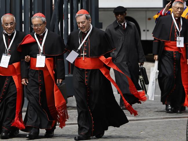 ROME, ITALY - APRIL 28: Cardinals Jorge Enrique JimÃÂ©nez Carvajal (L) and Luis JosÃÂ© Rueda Aparicio (2nd L) from Colombia depart a College of Cardinals meeting with other cardinals, where the May 7 Conclave date to elect Pope Francis' successor was determined, on April 28, 2025 in Rome, Italy. Funeral rites for the late Pope Francis are held for nine days after his burial as he is mourned and celebrated by the faithful. During this time, the Vatican prepares for the process to elect a new Pope, known as the Conclave, which must begin within 15 to 20 days of the Pope's death. (Photo by Mario Tama/Getty Images)