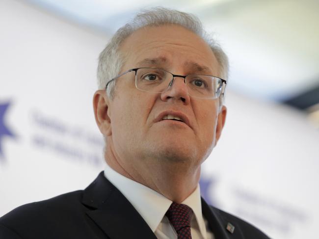 PERTH, AUSTRALIA - NewsWire Photos APRIL 14th  2021: The Hon. Scott Morrison MP - Prime Minister addressing invited guests at a lunch organised by WA Camber of Commerce and Industry at the State Reception Centre at Fraser's Kings Park in Perth, WA.Picture: NCA NewsWire /Philip Gostelow