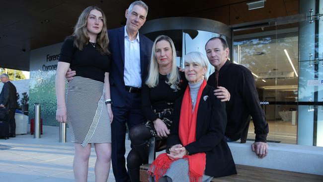 Charlotte and Arthur Inglis with daughter Antoinette and Ailsa Carr and Mark Fischer after giving their victim impact statements during an inquest at NSW Coroners Court. Picture: Britta Campion