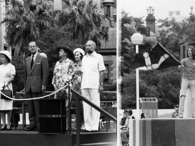 RoyAdelaide Festival Centre Trust director Anthony Steel and others on podium, and the intruder who waved a Eureka flag and ran across the official dais.