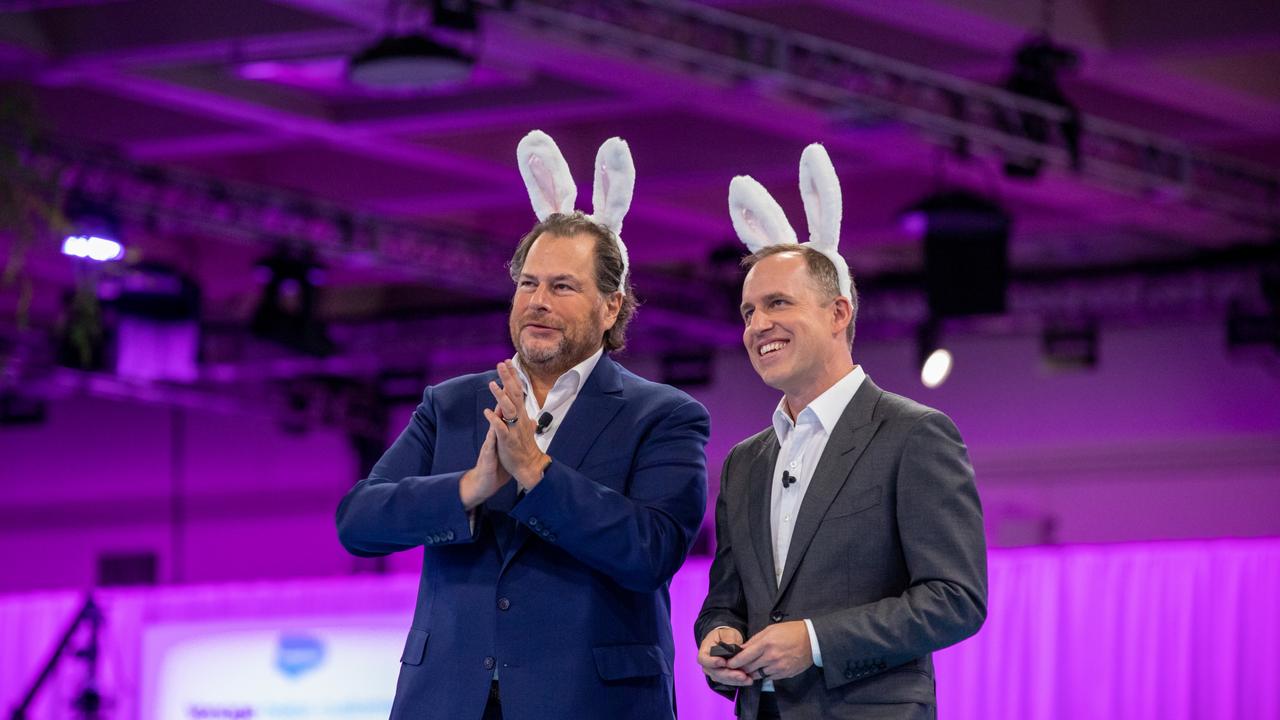 Salesforce co-chief executives Marc Benioff and Bret Taylor at a company convention in San Francisco in September. Picture: Salesforce / Jakub Mosur