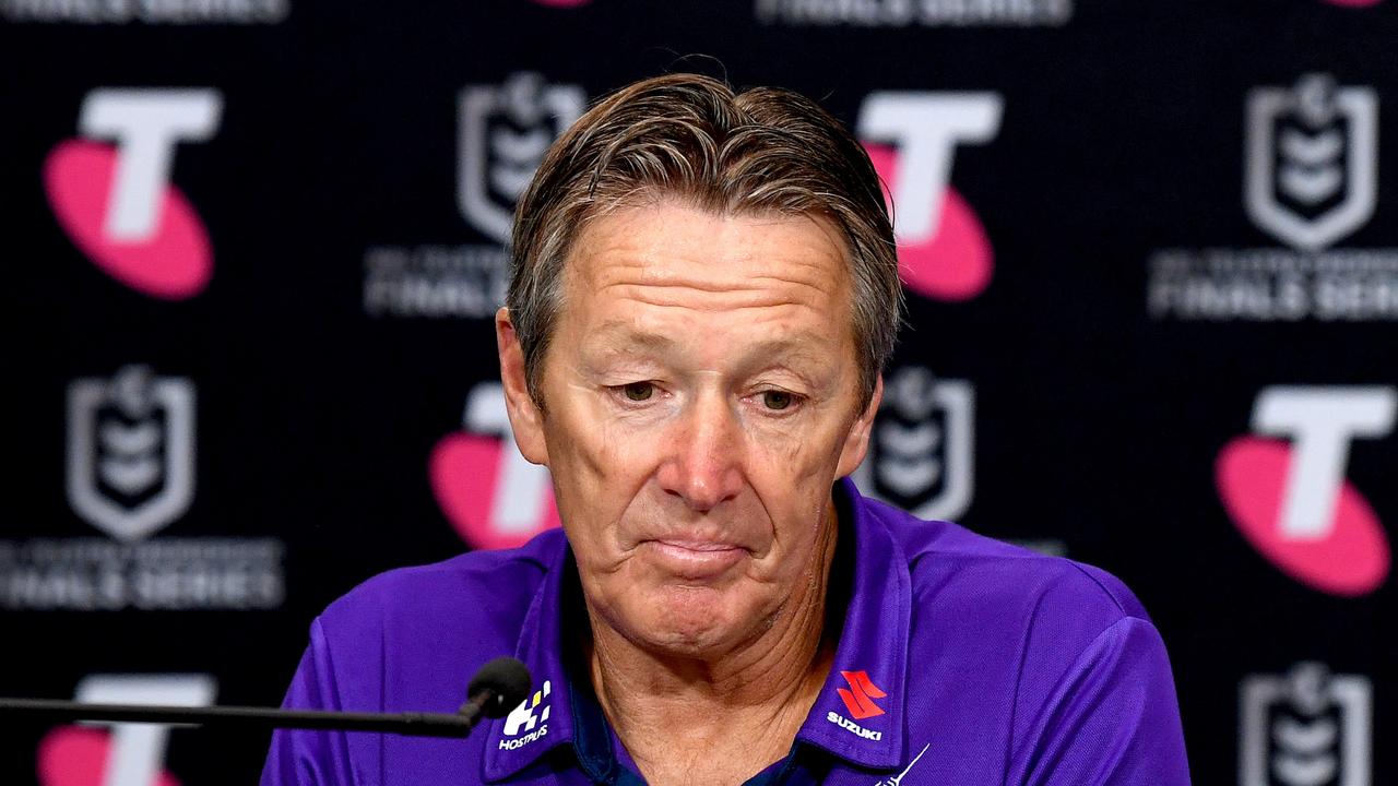 BRISBANE, AUSTRALIA - SEPTEMBER 25: Coach Craig Bellamy of the Storm speaks during a press conference after the NRL Grand Final Qualifier match between the Melbourne Storm and the Penrith Panthers at Suncorp Stadium on September 25, 2021 in Brisbane, Australia. (Photo by Bradley Kanaris/Getty Images)