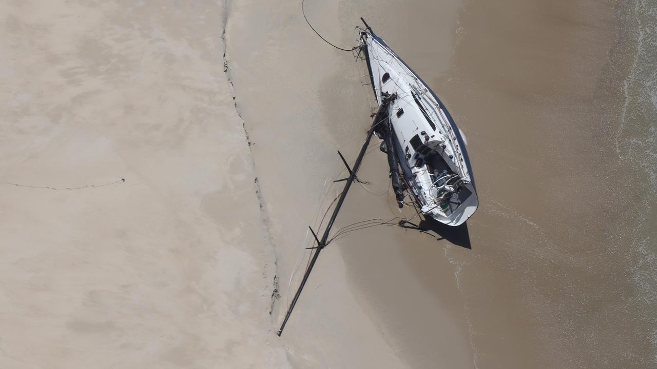 Tasmanian-owned yacht, the Huntress, washed up on Cape Barren Island on January 4 after being adrift at sea for several days when damaged in the race. Picture: Aboriginal Land Council Tasmania.