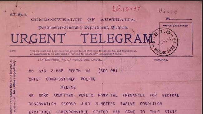 Telegram sent to Victoria Police from West Australia Police. Source: Public Record Office, Victoria