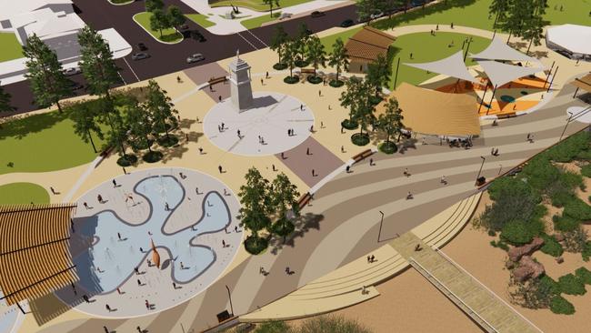 An artist’s impression of the proposed Semaphore foreshore central plaza, featuring a new kiosk, train stop, and relocated carousel. Source: Port Adelaide Enfield Council