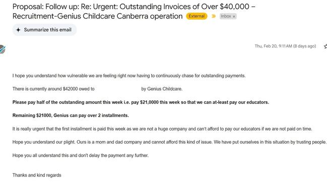 An email from the recruitment company chasing the outstanding invoice. Picture: Supplied